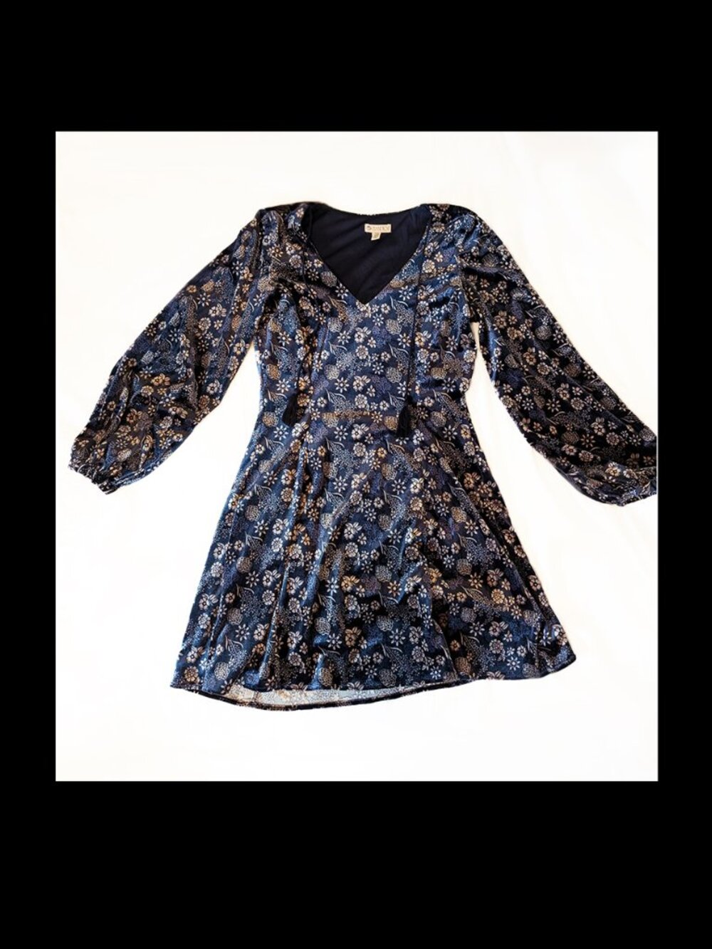 Dark Blue and Silver Velvety Dress w/ Lantern Sleeves, New without tags